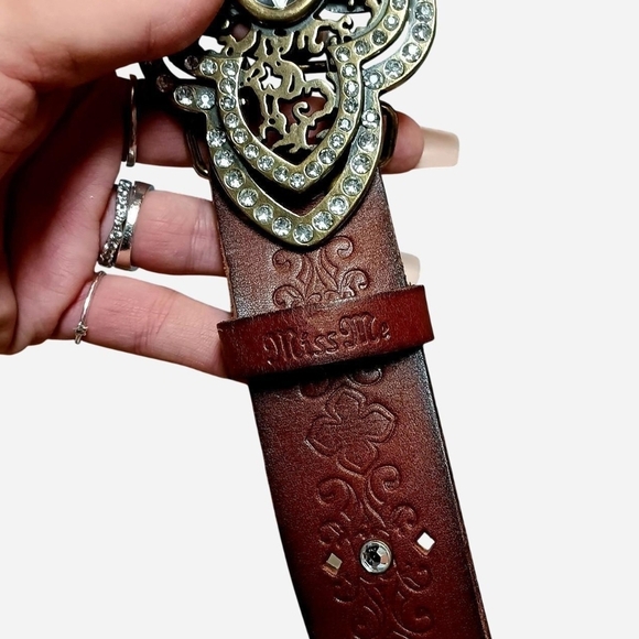 Miss Me Brown Leather Belt with Brass Jeweled Buckle - Picture 3 of 6